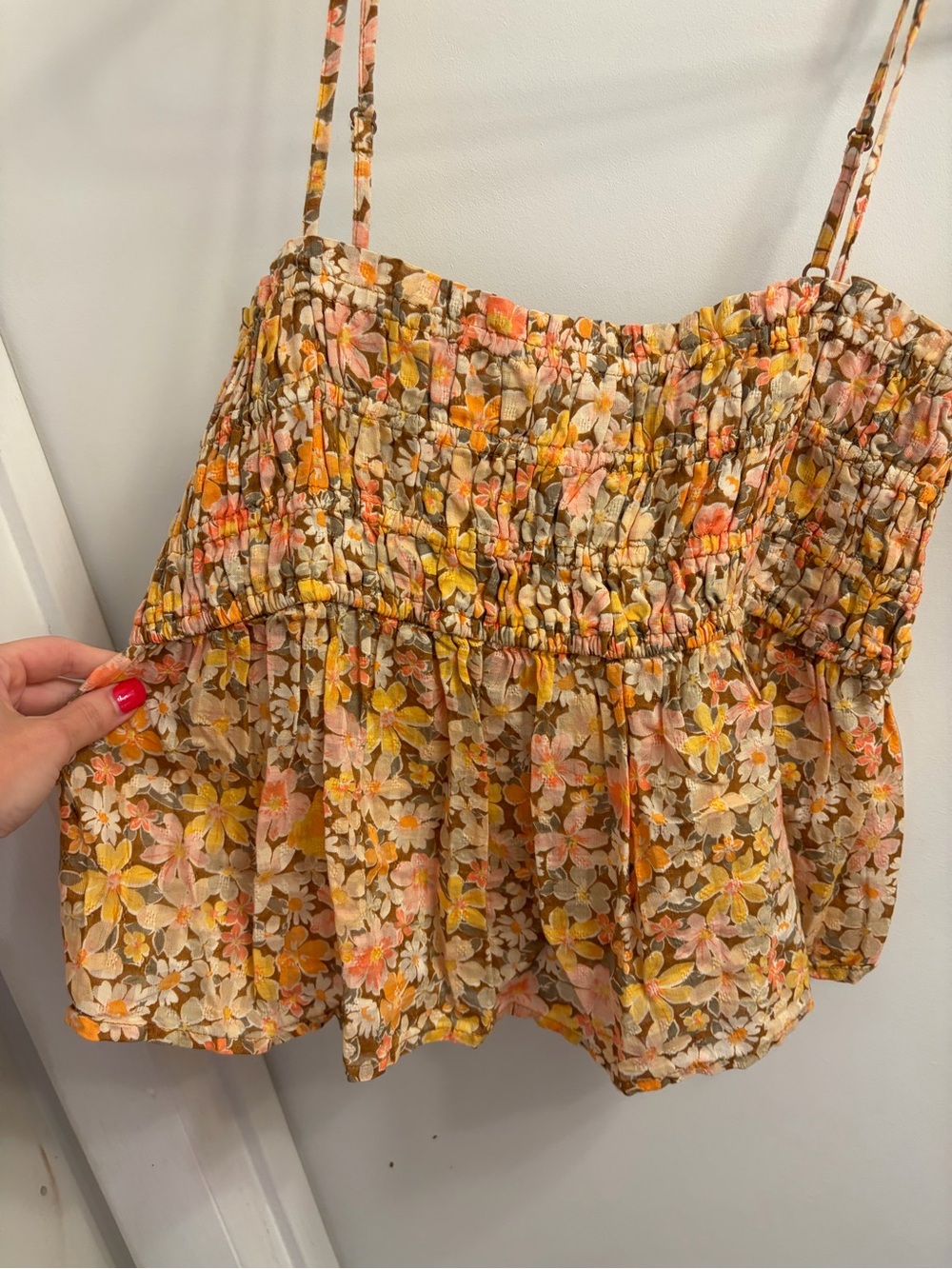 American Eagle Outfitters Floral Smocked Tank Top - Cream Pink Yellow Orange